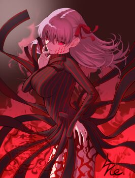 Rule 34 | 1girl, artist name, black dress, body markings, breasts, brown background, commentary request, corruption, cowboy shot, dark persona, dark sakura, dress, empty eyes, facial mark, fate/stay night, fate (series), fingernails, fire, floating clothes, floating hair, from side, hair between eyes, hair ribbon, hand on own hip, hand up, heaven's feel, highres, l4st resort, large breasts, long fingernails, long hair, long sleeves, looking at viewer, magic, matou sakura, nail polish, no pupils, open mouth, pink eyes, pink nails, purple hair, red eyes, red ribbon, ribbon, smile, solo, standing, striped clothes, striped dress, thighs, vertical-striped clothes, vertical-striped dress