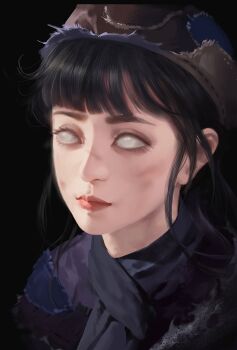 1girl black_background black_hair black_scarf blind blue_hanfu blunt_bangs brown_hair character_request chinese_clothes chinese_commentary closed_mouth commentary_request dirty dirty_face eyelashes fur-trimmed_headwear fur_trim hanfu highres lipstick long_hair makeup modao_zushi patchwork_clothes pink_lips realistic scarf simple_background solo thick_eyebrows upper_body white_eyes ye_dian_pikaqiu