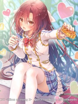 1girl blue_skirt blush bow breasts brown_eyes copyright_notice drinking_straw food gold_trim hair_between_eyes heart holding holding_food holding_milk_carton long_hair looking_at_viewer medium_breasts milk_carton nanaya_(z/x) official_art open_mouth pie pie_slice plaid_clothes plaid_skirt red_bow red_hair school_uniform serino_itsuki shirt sitting skirt solo sparkle thighhighs tsundere white_shirt white_thighhighs z/x