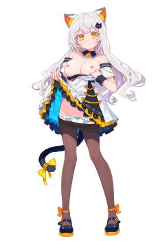 1girl absurdres animal_ear_fluff animal_ears bell black_pantyhose bow bow_panties breasts breasts_out cat_ears cat_girl cat_hair_ornament cat_tail closed_mouth clothes_lift clothes_pull detached_collar dress dress_lift dress_pull frilled_dress frills full_body hair_ornament highres jingle_bell large_breasts lifting_own_clothes linhangwei long_hair looking_at_viewer mary_janes neck_bell nipples off-shoulder_dress off_shoulder orange_eyes original panties pantyhose pantyhose_pull pulling_own_clothes shoes simple_background smile solo standing tail tail_bow tail_ornament underwear white_background white_dress white_hair white_panties yellow_bow