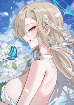 1girl absurdres asuna_(blue_archive) bare_back bare_shoulders blonde_hair blue_archive blue_eyes blue_halo blush braid breasts bug butterfly choker commentary_request dress flower grin hair_flower hair_ornament hair_over_one_eye hair_ribbon halo highres insect large_breasts looking_at_viewer mango_(mango0208) ribbon single_braid smile solo white_dress