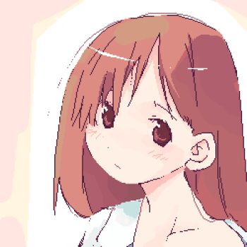 1girl archived_source asami_natsuhito blush brown_eyes brown_hair closed_mouth clothes_down collarbone dot_nose hair_between_eyes jaggy_lines long_hair looking_at_viewer lowres orange_background original shirt simple_background solo straight_hair white_background white_shirt