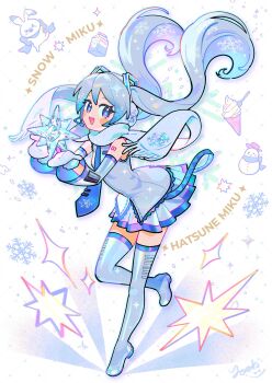1girl :d bare_shoulders blue_eyes blue_hair blush_stickers boots commentary detached_sleeves double-parted_bangs floating_hair full_body grey_boots grey_scarf grey_shirt grey_skirt grey_sleeves hair_floating_upwards hands_up hatsune_miku headset highres long_hair long_sleeves looking_at_viewer miniskirt mittens number_tattoo open_mouth pleated_skirt rabbit_yukine scarf shirt shoulder_tattoo skirt sleeveless sleeveless_shirt smile solo standing standing_on_one_leg symbol-only_commentary tattoo thigh_boots thighhighs twintails vocaloid white_mittens wide_sleeves yooki_(winter_cakes) yuki_miku yuki_miku_(2010) zettai_ryouiki