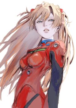 1girl bodysuit commentary_request hairpods long_hair mecha_pilot_suit multicolored_bodysuit neon_genesis_evangelion orange_bodysuit orange_hair plugsuit_(evangelion) red_bodysuit sketch solo souryuu_asuka_langley wako_8o8o