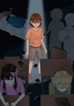 1girl 5boys aged_down aubrey_(faraway)_(omori) aubrey_(omori) basil_(faraway)_(omori) basil_(omori) black_eyes black_hair blonde_hair blue_eyes bow brown_eyes brown_hair brown_shorts commentary_request dark-skinned_male dark_skin desk faceless faceless_male green_overalls hair_behind_ear hair_bow hero_(faraway)_(omori) hero_(omori) highres jump_rope kel_(faraway)_(omori) kel_(omori) long_hair msdnno_kabe multiple_boys omori on_bed orange_shirt overalls pink_bow pink_shirt school_desk shirt short_hair short_sleeves shorts t-shirt under_covers