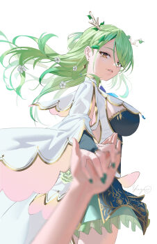 1girl 1other absurdres antlers blue_bridal_gauntlets blue_dress braid braided_bangs breasts bridal_gauntlets ceres_fauna ceres_fauna_(1st_costume) commentary dress earrings english_commentary floating_hair flower framed_breasts gradient_hair green_hair green_nails hair_flower hair_ornament highres holding_hands hololive hololive_english horns jewelry large_breasts layered_dress long_hair long_sleeves looking_at_viewer massiveyog mole mole_under_eye multicolored_hair nail_polish parted_lips pov pov_hands short_dress simple_background single_bridal_gauntlet skirt_under_dress sleeve_slit solo star_(symbol) star_earrings virtual_youtuber white_background white_dress wide_sleeves yellow_eyes