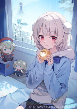 1girl :q black_skirt blue_bow blue_bowtie blue_hoodie blunt_bangs bow bowtie commentary_request copyright_notice eating food fur-trimmed_hood fur_trim grey_hair hair_ornament hands_up highres holding holding_food hood hoodie indie_virtual_youtuber indoors looking_at_viewer miniskirt official_art parted_bangs pom_pom_(clothes) pom_pom_hair_ornament rain rangu red_eyes shigure_ui_(vtuber) shigure_ui_(1st_costume)_(vtuber) shigure_ui_(young)_(vtuber) short_hair sitting skirt sleeves_past_wrists solo stuffed_toy tongue tongue_out two_side_up ui_(voisona) virtual_youtuber voisona window