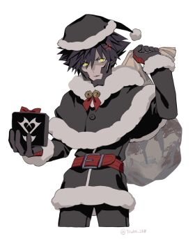 1boy alternate_costume anger_vein arm_up bell belt black_capelet black_coat black_gloves black_hair black_pants black_santa_costume box capelet christmas coat commentary_request cropped_legs fangs fur-trimmed_capelet fur-trimmed_coat fur_trim gift gift_box glaring gloves hat highres holding holding_gift holding_sack jingle_bell kingdom_hearts long_sleeves looking_at_viewer male_focus neck_bell pants parted_lips red_belt sack santa_costume santa_hat short_hair simple_background solo spiked_hair tsuba_258 twitter_username upper_body vanitas_(kingdom_hearts) white_background yellow_eyes
