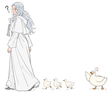 1girl ? anger_vein animal baby_animal bird blue_eyes braid capelet duck duckling final_fantasy final_fantasy_xiv following from_side half_up_braid hood hooded_capelet jamjamstyle long_hair looking_back mask mask_around_neck robe sophist&#039;s_robe_(ff14) spoken_anger_vein unworn_mask venat_(ff14) walking wavy_hair white_hair white_robe