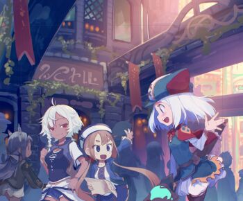 4girls ahoge bag brown_bag commentary_request crowd dark-skinned_female dark_skin fantasy hair_ornament hair_ribbon hat holding holding_map holding_staff holding_strap katou_tabihito long_hair map medium_hair moss multiple_girls rachel_(seisou_fude_no_tabibito) red_eyes ribbon seisou_fude_no_tabibito shoulder_bag smile staff white_hair