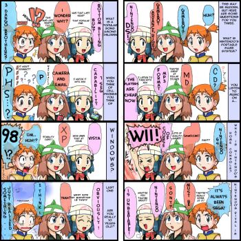 3girls angry bandana black_jacket blue_eyes blue_hair dawn_(pokemon) gouguru interview jacket may_(pokemon) misty_(pokemon) multiple_girls nintendo orange_hair phone pokemon red_scarf scarf shirt tagme translated yellow_shirt