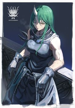 Rule 34 | 1girl, arknights, arm scarf, bare shoulders, black gloves, black pants, black shirt, clothes around waist, commentary request, facial scar, gloves, green hair, highres, horns, hoshiguma (arknights), jacket, jacket around waist, leaning back, leaning on object, long hair, looking at viewer, lungmen logo, mey (me hanamomo), one eye closed, oni, pants, scar, scar on cheek, scar on face, shield, shirt, single horn, skin-covered horns, sleeveless, sleeveless shirt, solo, yellow eyes
