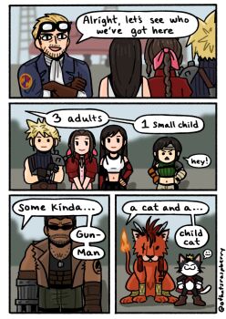 3boys 3girls :3 :| aerith_gainsborough animal armor ascot barret_wallace beard beard_stubble black_gloves black_hair blue_jacket boots braid braided_ponytail breasts brown_boots brown_gloves brown_hair brown_vest cait_sith_(final_fantasy) cape cid_highwind closed_mouth cloud_strife commentary crop_top crossed_arms crown dark-skinned_male dark_skin dog_tags dress elbow_gloves english_commentary english_text facial_hair feather_hair_ornament feathers final_fantasy final_fantasy_vii final_fantasy_vii_rebirth final_fantasy_vii_remake fingerless_gloves fire flame-tipped_tail furrowed_brow gloves goggles goggles_on_head green_pants green_shirt hair_ornament hair_ribbon hand_on_own_hip hands_on_own_hips highres jacket light_smile long_hair looking_at_another maddie_(othatsraspberry) maid_headdress medium_breasts midriff mini_crown multiple_boys multiple_girls navel outdoors pants pauldrons pink_dress pink_ribbon prosthetic_weapon red_cape red_hair red_jacket red_xiii ribbon scar scar_across_eye scar_on_face shirt short_hair shoulder_armor shoulder_tattoo single_bare_shoulder single_braid single_pauldron sleeveless sleeveless_turtleneck spiked_hair stubble sunglasses suspenders tail tattoo tifa_lockhart turtleneck tuxedo_cat twitter_username upper_body very_short_hair vest white_ascot white_background white_gloves yuffie_kisaragi