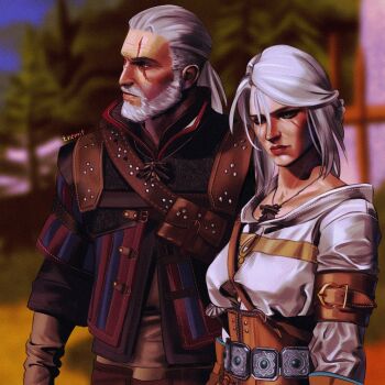 1boy 1girl beard blurry blurry_background ciri commentary day depth_of_field english_commentary facial_hair facial_scar geralt_of_rivia green_eyes grey_hair highres outdoors scar scar_across_eye scar_on_cheek scar_on_face shirt the_witcher_(series) the_witcher_3 tnemit white_hair white_shirt witcher_medallion
