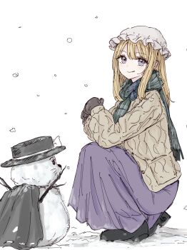 Rule 34 | 1girl, :p, black capelet, black gloves, black hat, black shoes, blonde hair, bow, brown sweater, capelet, character snowman, commentary request, from side, full body, gloves, green scarf, hat, hat bow, highres, kashiwada kiiho, long hair, looking at viewer, maribel hearn, mob cap, plaid clothes, plaid scarf, purple eyes, purple skirt, ribbon-trimmed capelet, ribbon trim, scarf, shoes, skirt, snow, snowing, snowman, solo, squatting, sweater, tongue, tongue out, touhou, usami renko, white background, white bow, white hat