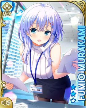 1girl :d black_skirt blue_eyes blue_hair braid character_name day girlfriend_(kari) hair_ornament hairclip indoors long_hair murakami_fumio office office_lady official_art open_mouth pantyhose qp:flapper shirt skirt smile solo standing tagme twin_braids twintails white_shirt window