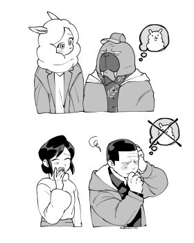 1boy 1girl ^_^ alpaca_ears alpaca_girl animal_ears baseball_cap closed_eyes cropped_torso crossed_out embarrassed eye_contact furry furry_female furry_male greyscale hand_on_own_face hat highres hood hood_down hooded_jacket jacket looking_at_another monochrome odd_taxi odokawa_hiroshi open_mouth ryokutya1107 sequential shirakawa_miho short_hair signature simple_background speech_bubble squiggle thought_bubble upper_body walrus_boy white_background