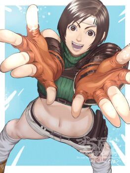 1girl 5tatsu arms_up belt border brown_eyes brown_hair commentary_request cropped_sweater feet_out_of_frame final_fantasy final_fantasy_vii final_fantasy_vii_rebirth final_fantasy_vii_remake fingerless_gloves from_above gloves green_sweater headband highres looking_at_viewer loose_socks midriff navel open_hands open_mouth orange_gloves outside_border outstretched_arms ribbed_sweater short_hair shorts single_bare_shoulder single_shoulder_pad sleeveless sleeveless_turtleneck socks solo standing sweater turtleneck turtleneck_sweater white_border white_socks yuffie_kisaragi