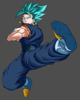 Rule 34 | 1boy, blue eyes, blue hair, blue pants, blue sash, blue shirt, boots, commentary request, dragon ball, dragon ball super, earrings, full body, gloves, grey background, highres, jewelry, kawasemi1367295, kicking, male focus, medium hair, muscular, orange shirt, pants, potara earrings, sash, shirt, simple background, smirk, solo, spiked hair, super saiyan, super saiyan blue, vegetto, white boots, white gloves