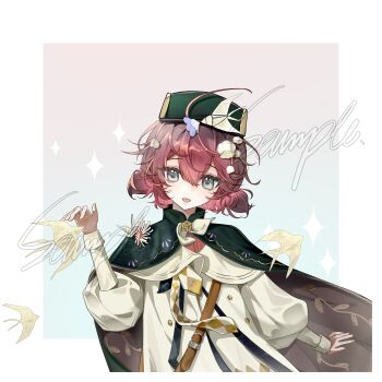 1girl :d absurdres bird_hair_ornament black_cape black_hat blue_eyes border bow bowtie brown_hair cape chinese_commentary coat commentary_request commission dress flower flutterpage flutterpage_(gently_comes_the_thawing_breeze) grey_background hair_flower hair_ornament hand_up hat highres lily_of_the_valley long_sleeves looking_at_viewer official_alternate_costume open_mouth origami outside_border paper_crane puffy_long_sleeves puffy_sleeves qunyi reverse:1999 sample_watermark short_hair short_twintails simple_bird smile solo twintails upper_body watermark white_border white_bow white_bowtie white_coat white_dress