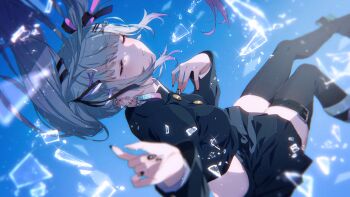 1girl absurdres belt black_nails black_ribbon black_shirt black_skirt black_thighhighs blue_background blunt_bangs blurry blush breasts broken_glass buttons closed_eyes commentary_request cropped_shirt depth_of_field dutch_angle ear_piercing earrings eyelashes facing_viewer feet_out_of_frame film_grain floating_hair glass glint gomi_chihiro grey_hair hair_ornament hair_ribbon hairclip hands_up head_tilt heart heart_earrings highres indie_virtual_youtuber invisible_chair jewelry long_hair long_sleeves medium_breasts midriff miniskirt mole mole_under_eye nail_polish parallel_hairclips parted_lips piercing pink_ribbon pleated_skirt ribbon shirt sidelocks simple_background sitting skirt solo tadayoi_lina thigh_belt thigh_strap thighhighs thighs twintails variant_set virtual_youtuber x_hair_ornament zettai_ryouiki