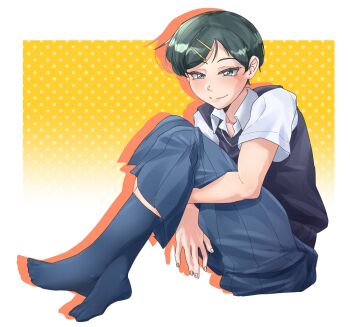 1girl aqua_eyes aqua_hair black_sweater_vest blue_skirt blue_socks closed_mouth collared_shirt commentary full_body futsuu_no_keion-bu hair_ornament hairpin highres huaronanago hugging_own_legs knees_up kouyama_rin looking_at_viewer no_shoes parted_bangs pixie_cut pleated_skirt polka_dot polka_dot_background school_uniform shirt short_hair short_sleeves sitting skirt smile socks solo sweater_vest symbol-only_commentary tsurime white_shirt yellow_background