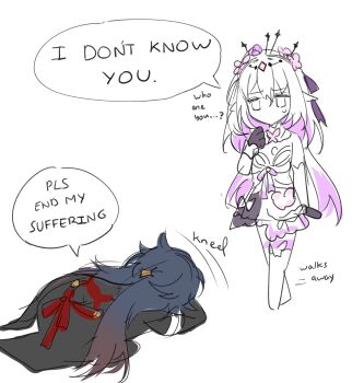 1boy 1girl absurdres begging blade_(honkai:_star_rail) caption castorice_(honkai:_star_rail) confused crown english_text flower hair_flower hair_ornament highres honkai:_star_rail honkai_(series) kanako_(fuwachu) kneeling sketch white_hair