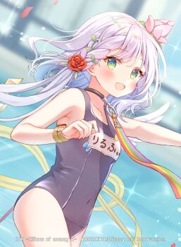 1girl blue_bow bow bow_swimsuit braid copyright_notice covered_navel dragon_tail feathered_wings flower green_eyes grey_hair hair_flower hair_ornament leaf_hair_ornament long_hair looking_at_viewer lyrph_(z/x) name_tag official_art open_mouth pink_flower pink_petals pool rainbow_ribbon red_flower red_rose rose school_swimsuit serino_itsuki side_braid single_braid solo sparkle swimsuit tail white_wings wings z/x