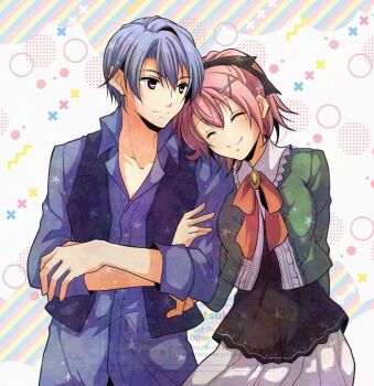 1boy 1girl blue_hair blue_shirt blue_vest closed_eyes coat commentary_request couple eiyuu_densetsu green_coat happy holding_hands juna_crawford kurt_vander pink_hair satsuki_(chaosmode) sen_no_kiseki_(series) shirt short_hair simple_background skirt smile vest white_skirt