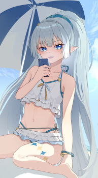 1girl absurdres ahoge bare_shoulders beach_umbrella between_legs bikini bikini_skirt blue_eyes blush bow breasts cellphone cleavage collarbone commentary_request female_tyrant_(stella_sora) female_tyrant_(swimsuit)_(stella_sora) frilled_bikini frills hair_ribbon hairband halterneck hand_between_legs highres holding holding_phone long_hair looking_at_viewer medium_breasts midriff navel nibanboshi_(2banb0sh1) official_alternate_costume open_mouth phone pointy_ears ponytail ribbon smartphone smile solo stella_sora stomach string_bikini swimsuit thighs tyrant_(stella_sora) umbrella very_long_hair white_bikini white_hair