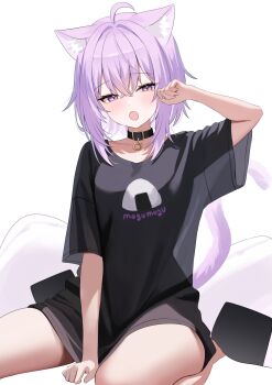 Rule 34 | 1girl, :o, ahoge, animal collar, animal ears, barefoot, between legs, black collar, black shirt, cat ears, cat girl, cat tail, clothes writing, collar, commentary, crossed bangs, double-parted bangs, fang, food print, hair between eyes, hand between legs, hand up, highres, hololive, long shirt, looking at viewer, messy hair, nannung, nekomata okayu, no pants, onigiri print, open mouth, purple eyes, purple hair, see-through silhouette, shirt, short hair, simple background, sitting, skin fang, solo, symbol-only commentary, t-shirt, tail, virtual youtuber, white background, yawning