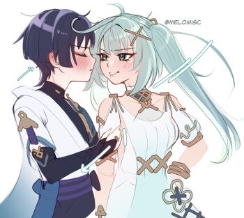 Rule 34 | 1boy, 1girl, ahoge, aqua eyes, aqua pupils, armlet, armor, arms at sides, arrow (symbol), belt, black belt, black bodysuit, black bridal gauntlets, black hair, black shorts, blue cape, blue sleeves, blunt bangs, blunt ends, blush, bodysuit, bracelet, bridal gauntlets, cape, center-flap bangs, closed eyes, clothing cutout, collarbone, couple, cowlick, dress, ear blush, eyeliner, facing another, faruzan (genshin impact), fingernails, furisode, furrowed brow, genshin impact, gold, gold ring, hair ornament, hand on own arm, hand on own hip, hand up, hetero, highres, japanese armor, japanese clothes, jewelry, kimono, kote, kurokote, layered sleeves, leaning forward, long hair, looking at another, makeup, melomisc, middle ring, mismatched pupils, open clothes, open kimono, open mouth, parted lips, pink lips, pink nails, purple pupils, purple sash, red eyeliner, sash, scaramouche (genshin impact), short sleeves, shorts, shoulder cutout, sidelocks, sideways mouth, sketch, smirk, symbol-shaped pupils, triangle-shaped pupils, tsurime, turning head, turtleneck, turtleneck bodysuit, twintails, twitter username, wanderer (genshin impact), white background, white dress, white kimono, white mouth, white sleeves, x hair ornament, x ornament