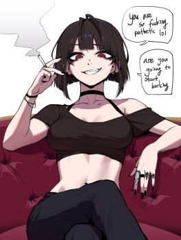 1girl antenna_hair black_choker black_hair black_nails black_pants bracelet breasts buttons choker cigarette cleavage commentary couch crossed_legs cursive ear_piercing english_text fang femdom from_below holding holding_cigarette j.k. jewelry large_breasts looking_at_viewer looking_down midriff multiple_rings nail_polish navel off_shoulder on_couch pants parted_lips piercing ring short_hair simple_background single_bare_shoulder sitting smirk smoke smoking solo speech_bubble stomach symbol-only_commentary talking teeth tufting white_background