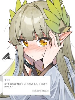 1girl arknights bracelet commentary_request elf flustered green_hair hands_on_own_cheeks hands_on_own_face highres infection_monitor_(arknights) jewelry laurel_crown long_hair long_sleeves muelsyse_(arknights) orange_eyes pointy_ears simple_background solo squiggle upper_body white_background yunomi_(yunomi1129)