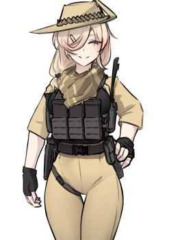 Rule 34 | 1girl, absurdres, ammunition pouch, bandana, belt, black belt, black gloves, black shirt, blonde hair, breasts, brown bandana, brown hat, bulletproof vest, closed eyes, closed mouth, fingerless gloves, gloves, hair ornament, hair over one eye, hair over shoulder, hairclip, hat, high-waist pants, highres, holster, jacket, k0ng, large breasts, long sleeves, magazine (weapon), medium hair, merc-san (k0ng), original, pants, pouch, radio antenna, shirt, smile, solo, yellow jacket