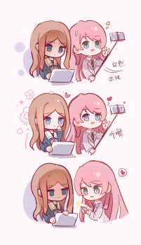 2girls absurdres bang_dream! bang_dream!_it's_mygo!!!!! blue_eyes blue_shirt brown_hair chihaya_anon chinese_text closed_mouth commentary_request computer diagonal-striped_clothes diagonal-striped_necktie fang green_necktie grey_jacket haneoka_school_uniform highres jacket laptop long_hair multiple_girls nagasaki_soyo necktie open_mouth pink_hair school_uniform selfie selfie_stick shirt sidelocks simple_background striped_clothes sweatdrop translation_request tsukinomori_school_uniform white_background yuany_(1586313587)
