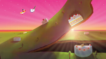 Rule 34 | 1girl, black hair, book, cake, cake slice, commentary request, flying, food, fruit, highres, horizon, nuq, original, pencil, pink sky, scenery, shrimp, shrimp tempura, sky, solo, star (sky), starry sky, strawberry, sun, sunset, tempura, tree