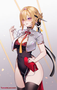 1girl artist_name bag black_thighhighs blonde_hair blush braid braided_bun breasts butterfly_hair_ornament china_dress chinese_clothes commentary covered_navel dress earrings evelyn_chevalier fingernails hair_bun hair_ornament hand_up handbag hashtag-only_commentary highres holding holding_bag jewelry looking_ahead medium_breasts mole mole_under_eye nail_polish parted_lips pelvic_curtain purple_eyes ring_hair_ornament short_hair silver_nails smile solo thighhighs thighs tomatolaccoon zenless_zone_zero
