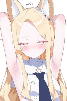 1girl animal_ear_fluff animal_ears armpits arms_behind_head blonde_hair blue_archive blue_necktie blush bright_pupils closed_mouth dress extra_ears fox_ears highres koko_(user_hktv5235) long_hair necktie pink_eyes seia_(blue_archive) simple_background sleeveless sleeveless_dress solo upper_body white_background white_pupils yellow_eyes