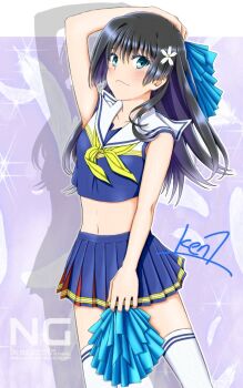 1girl :&lt; alternate_costume black_hair blue_eyes blue_shirt blue_skirt cheerleader flower hair_flower hair_ornament holding holding_pom_poms ken&#039;ichi_(silvian125jp) long_hair looking_at_viewer midriff neckerchief pleated_skirt pom_pom_(cheerleading) pom_poms sailor_collar saten_ruiko shirt skirt sleeveless sleeveless_shirt solo thighhighs toaru_kagaku_no_railgun toaru_majutsu_no_index white_sailor_collar white_thighhighs yellow_neckerchief