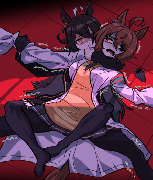 2girls agnes_tachyon_(tach-nology)_(umamusume) agnes_tachyon_(umamusume) animal_ears black_gloves black_hair black_jacket black_necktie black_pantyhose black_skirt breasts brown_eyes brown_hair commentary_request dinoyhs gloves hair_over_one_eye highres horse_ears horse_girl horse_tail jacket korean_commentary lab_coat long_hair lying manhattan_cafe_(creeping_shadow)_(umamusume) manhattan_cafe_(umamusume) medium_breasts multicolored_hair multiple_girls necktie no_shoes on_back on_floor open_clothes pantyhose pleated_skirt red_eyes single_glove skirt strangling sweater tail tile_floor tiles turn_pale two-tone_hair umamusume very_long_hair white_hair yellow_sweater