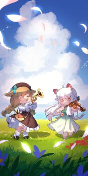&gt;_&lt; 2girls absurdres ahoge animal_ears bag beret blue_flower blue_sky blush bow_(music) braid brown_hair brown_hat brown_skirt butter_(trickcal) cat_ears cat_girl cat_tail closed_mouth cloud commentary_request cumulonimbus_cloud day dog_ears dog_girl dress falling_petals field flower full_body grass green_dress half_up_braid hat highres hobgoblin-kim holding holding_bow_(music) holding_instrument holding_trumpet holding_violin horizon instrument kommy_(trickcal) korean_commentary leg_warmers loafers long_hair multiple_girls music ocean outdoors petals playing_instrument red_flower sandals shirt shoes shoulder_bag skirt sky sleeveless sleeveless_dress smile standing tail trickcal trumpet twin_braids violin white_hair white_leg_warmers white_shirt yellow_eyes
