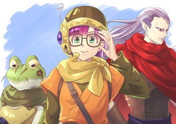1girl 2boys adjusting_eyewear chrono_trigger cloak frog_(chrono_trigger) frog_boy green_eyes green_shirt helmet long_hair lucca_ashtear magus_(chrono_trigger) medium_hair multiple_boys orange_tunic pale_skin pointy_ears purple_hair red_cloak red_eyes riou_(pooh920) scarf shirt smile strap tunic yellow_scarf