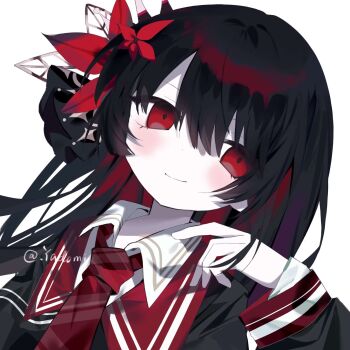 1girl artist_name black_hair black_shirt chinese_commentary closed_mouth collared_shirt commentary_request commission dutch_angle flower hair_flower hair_ornament hand_up highres long_hair long_sleeves looking_at_viewer mahou_shoujo_no_majo_saiban necktie nikaido_hiro pale_skin red_eyes red_flower red_necktie shirt simple_background smile solo upper_body white_background yadomi.