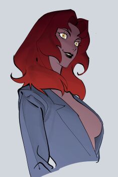 Rule 34 | 1girl, absurdres, breasts, cleavage, crazy eyes, crazy grin, devilman, devilman crybaby, devilman saga, grin, highres, jacket, lips, lipstick, long hair, looking at viewer, makeup, medium breasts, medium hair, parted lips, psycho jenny, red hair, red lips, serpent (pepepp39), sharp teeth, simple background, smile, teeth, upper body, wide-eyed, yellow eyes