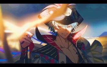 Rule 34 | 1boy, blue hair, blurry, blurry background, brant (wuthering waves), collarbone, commentary, english commentary, hand up, hat, highres, letterboxed, male focus, open clothes, open shirt, outdoors, parted lips, pink eyes, portrait, sae naiyatsu, short hair, smile, solo, tacet mark (wuthering waves), tricorne, twitter username, wuthering waves