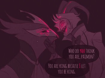 2boys appleparty_sins crown demon_boy demon_horns face-to-face furry furry_male hazbin_hotel hellaverse helluva_boss horns lucifer_morningstar_(hazbin_hotel) multiple_boys owl_boy paimon_(helluva_boss) pink_theme saliva saliva_trail yaoi