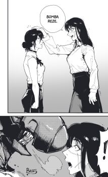 2girls black_hair bomb_devil_(chainsaw_man) chainsaw_man collared_shirt cross_scar facial_scar highres long_hair multiple_girls open_mouth reze_(chainsaw_man) ringed_eyes scar scar_on_cheek scar_on_face scar_on_nose shirt simple_background sleeveless victorbalgitt white_shirt yoru_(chainsaw_man)