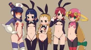 5girls bikini black_eyes black_hair blonde_hair blue_hair blush braid brown_hair capcom female_focus flat_chest gloves green_eyes hat helmet jasmine_(mega_man) loli long_hair looking_at_viewer maebari mayl_sakurai_(mega_man) meddy.exe_(mega_man) mega_man_(series) mega_man_battle_network micro_bikini multiple_girls nurse_cap pasties ponytail rabbit_ears red_hair roll.exe_(mega_man) simple_background smile stupa13a swimsuit twin_braids upper_body visor yai_ayanokoji_(mega_man)