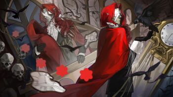 2girls absurdres aleph_(reverse:1999) bird black_bird black_gloves black_jacket cape clock clone covered_face cracked_mask crow from_side gloves grandfather_clock grey_mask hand_on_railing hand_up highres holding holding_unworn_cape holding_unworn_clothes jacket long_hair male_focus multiple_girls official_alternate_costume red_cape red_hair reverse:1999 shirt shuimeng_hua_suxie skull unworn_cape upper_body white_shirt window